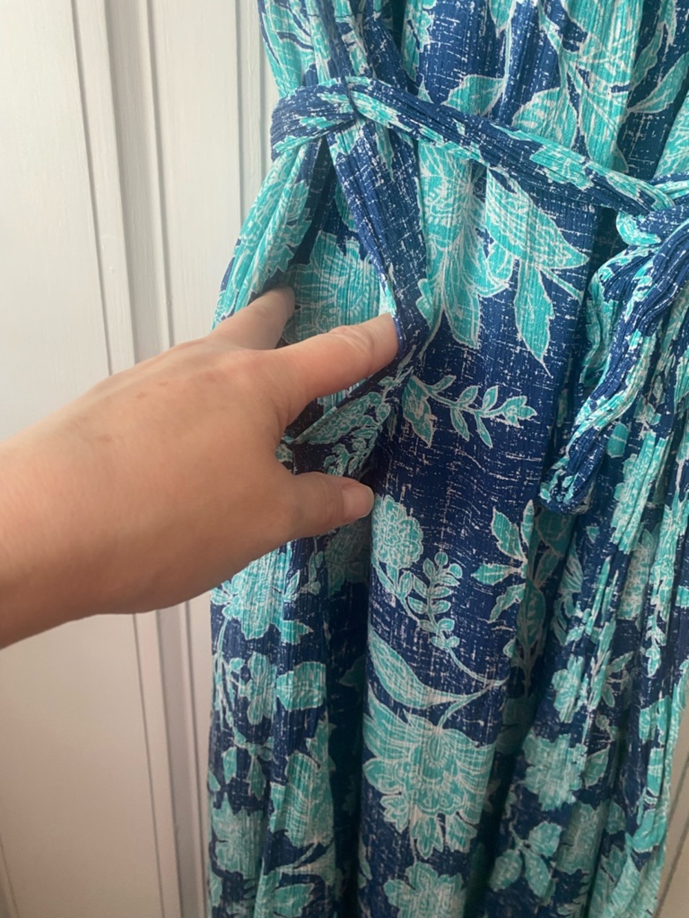 J Jill bold floral maxi dress blue & turquoise stretch and ruffles L - Picture 4 of 8